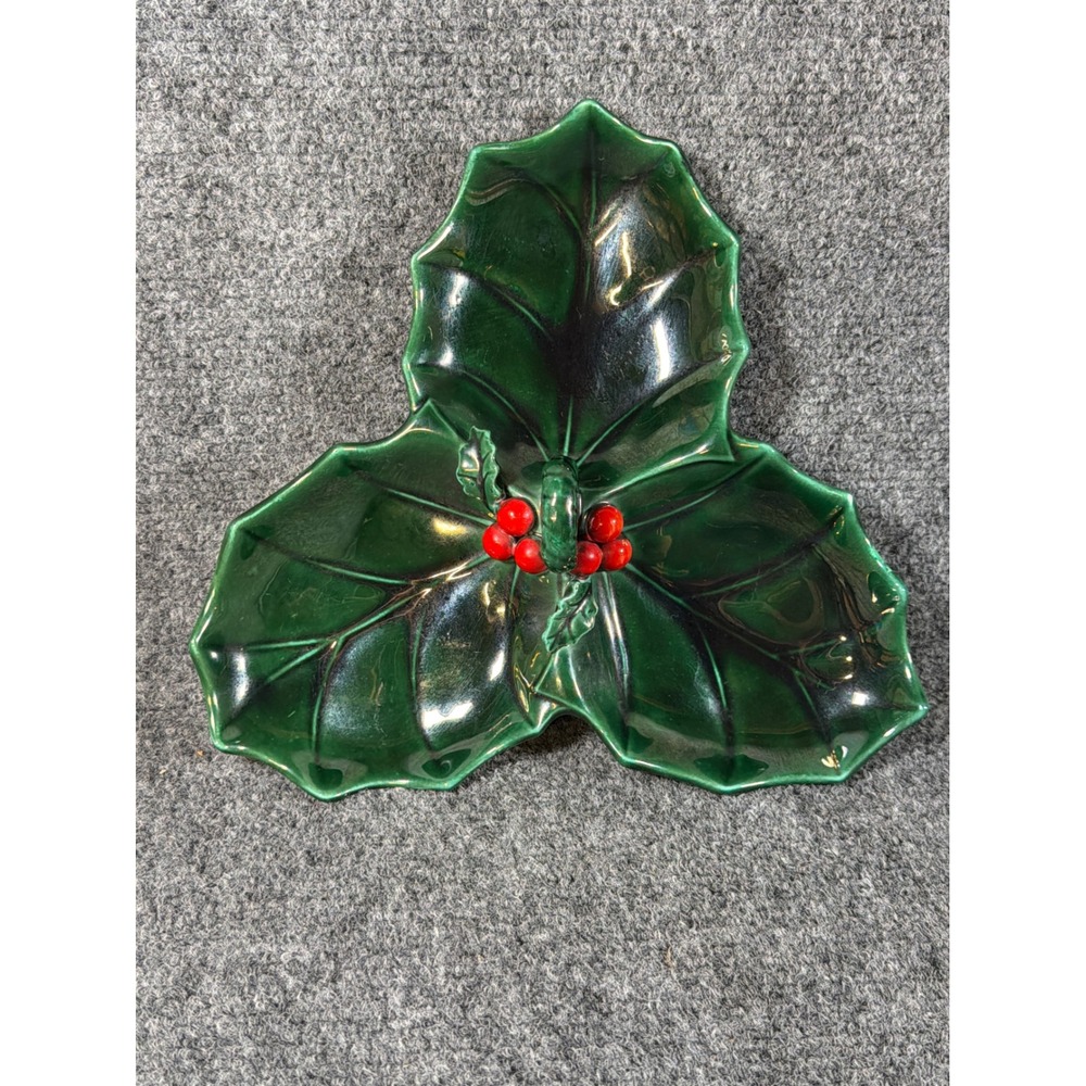 Vintage Holly Leaf Ceramic Candy Dish 3 Section Christmas Tray Green Japan